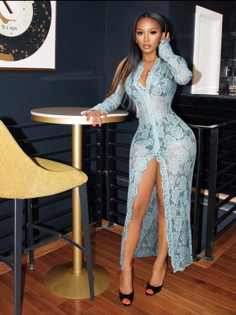 SHEIN Sage Green Lace Long Sleeve Maxi Dress with Front Slit